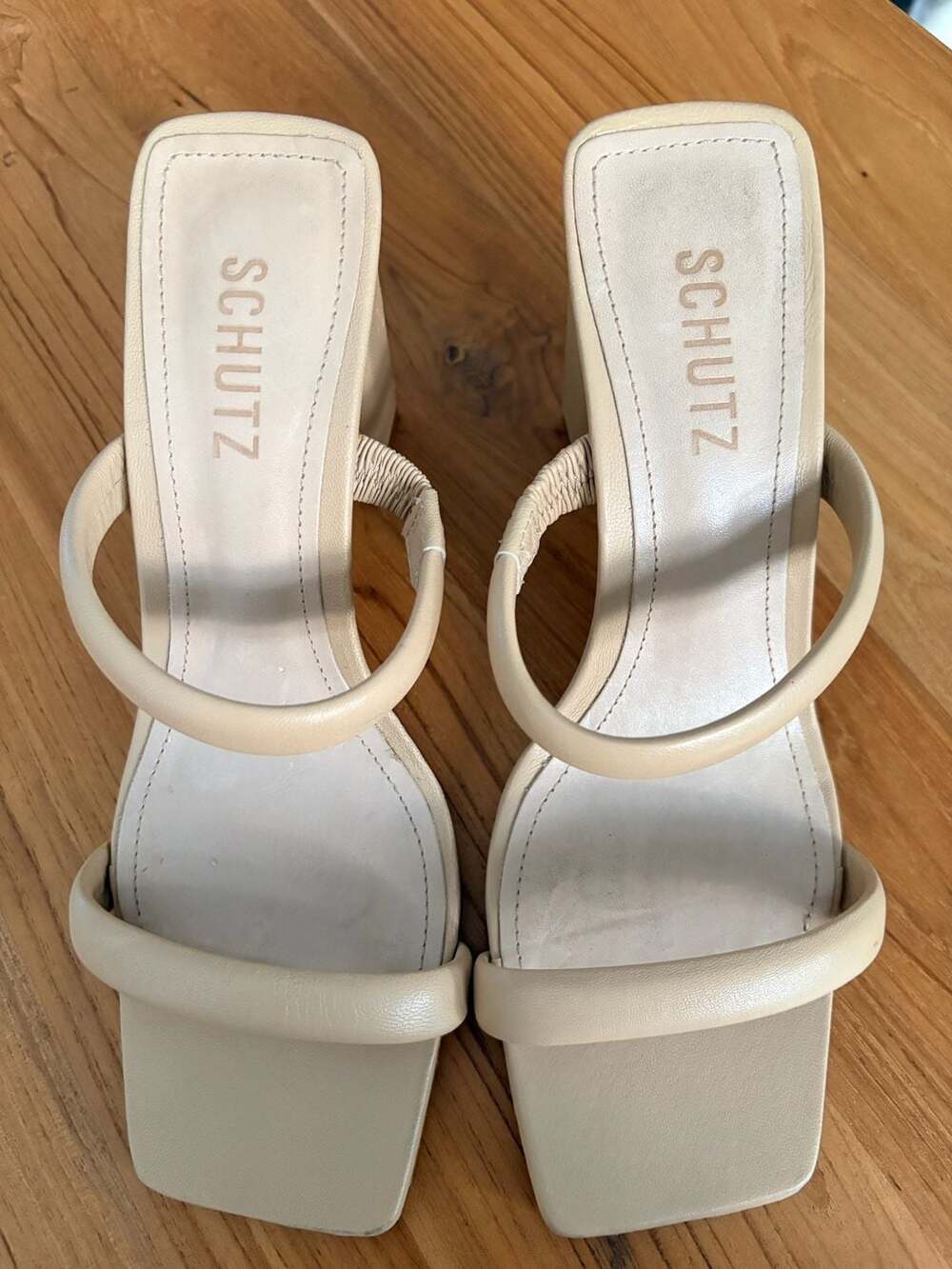 SCHUTZ Ully Mid Block Heel Nappa Leather Sandals in Nude Size 7.5 B